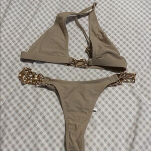 PrettyLittleThing Tan Bikini with Gold Chains
